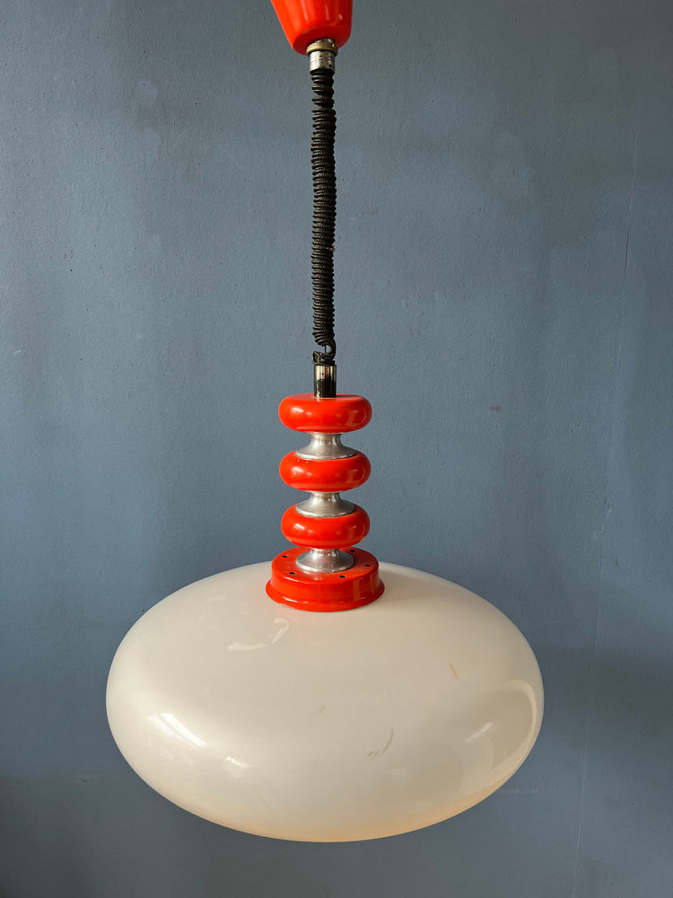 Red Space Age Pendant Lamp - White Acrylic Glass Shade - Mid Century Hanging Lamp
