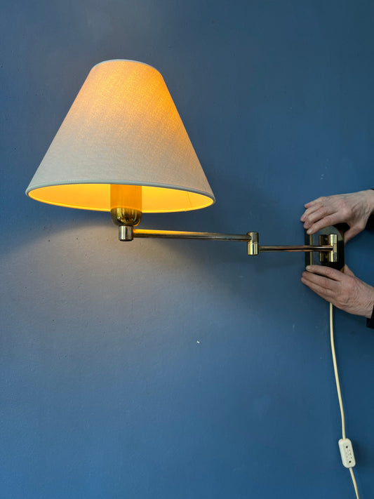 Golden Hollywood Regency Swing Arm Wall Lamp with Beige Shade