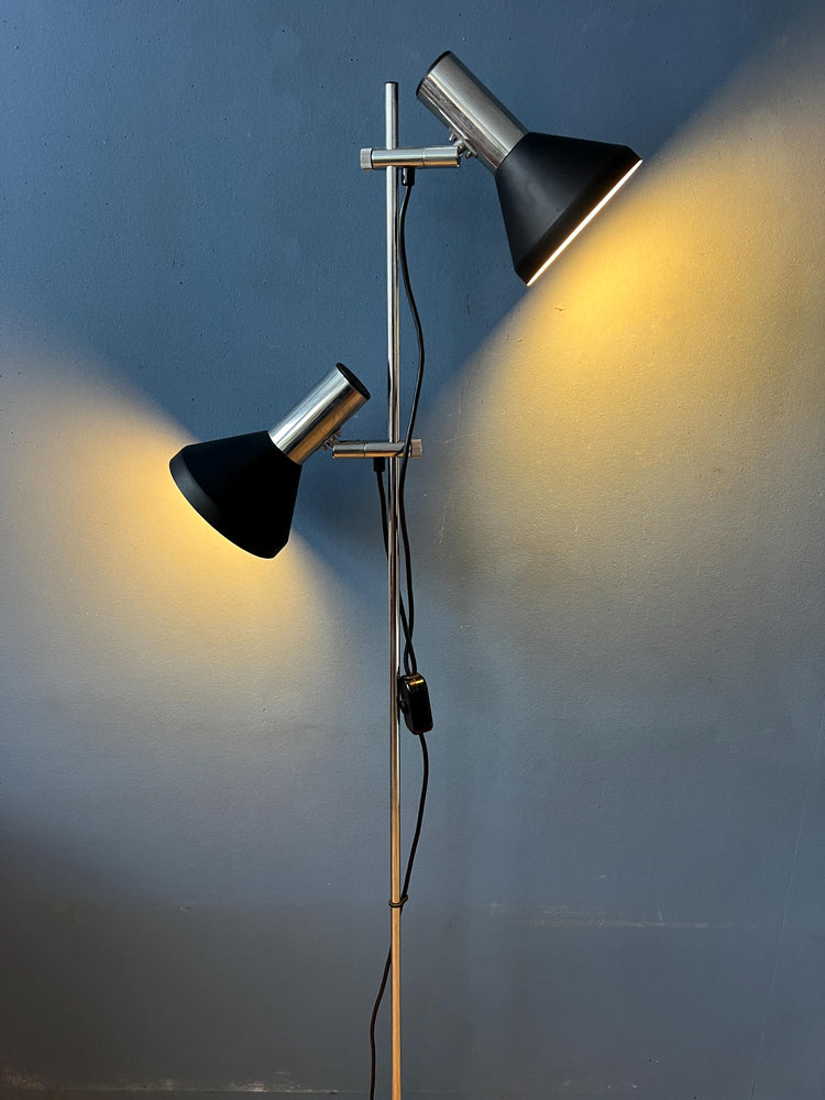 Vintage Black Mid Century Floor Lamp with Two Aluminum Spots