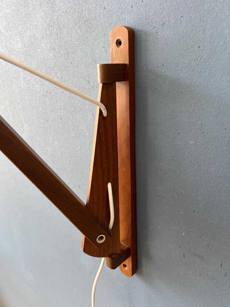 Danish Teak Wood Fishing Rod Wall Lamp with Plexiglass Mushroom Shade