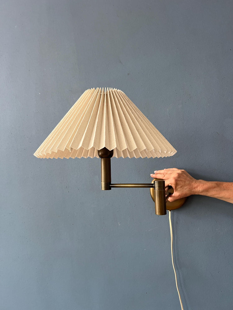 Brass Swivel Arm Mid Century Wall Lamp with Beige Pleated Shade