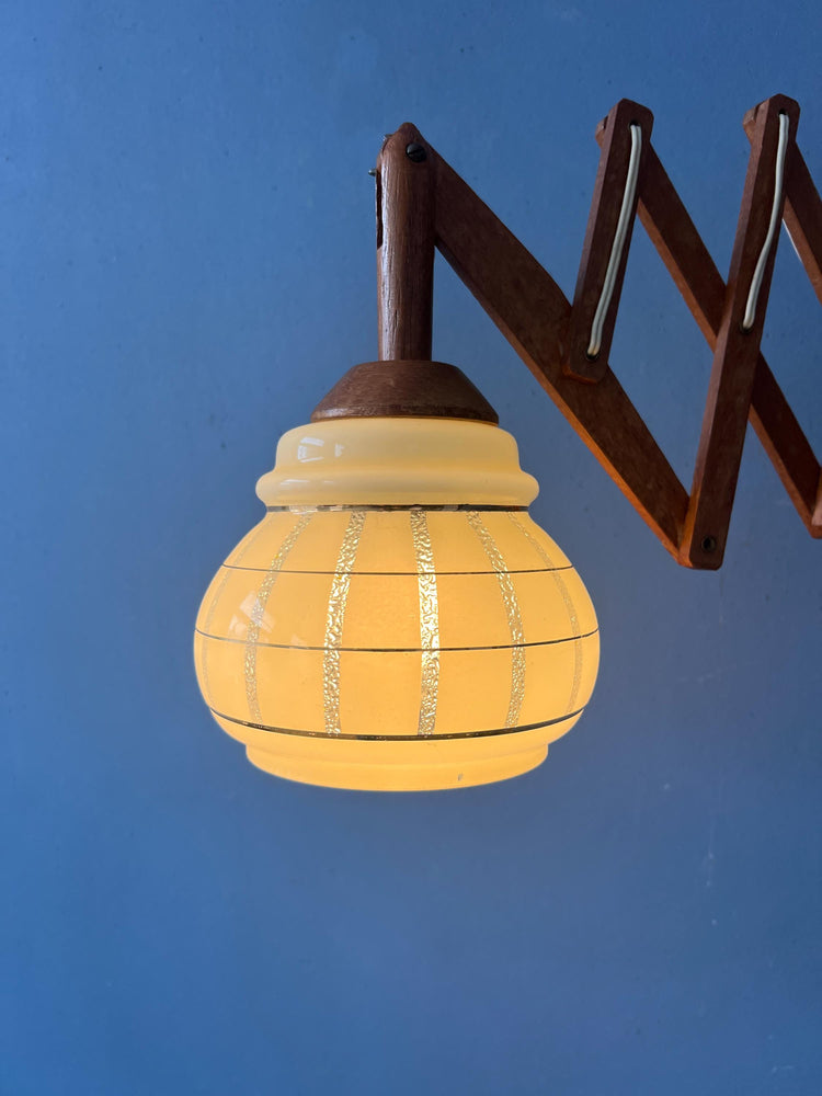 Vintage Teak Wood Scissor Wall Lamp with Glass Shade