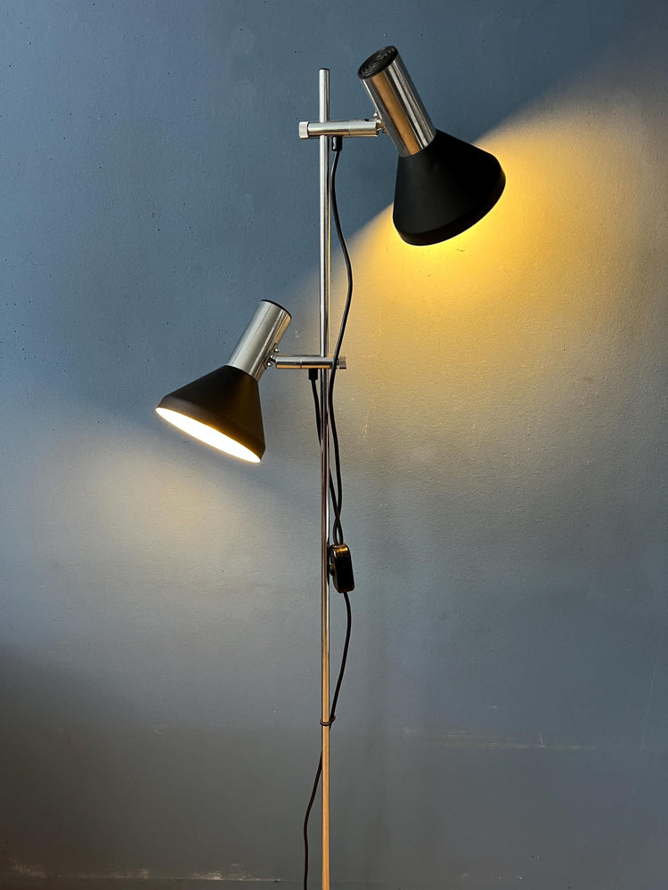 Vintage Black Mid Century Floor Lamp with Two Aluminum Spots