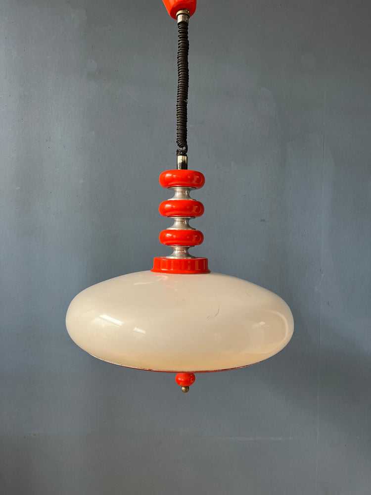 Red Space Age Pendant Lamp - White Acrylic Glass Shade - Mid Century Hanging Lamp