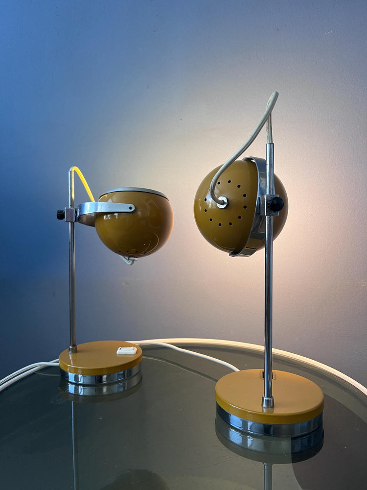 Set of 2 Yellow Space Age Eyeball Table Lamps | Vintage Mid Century Lights