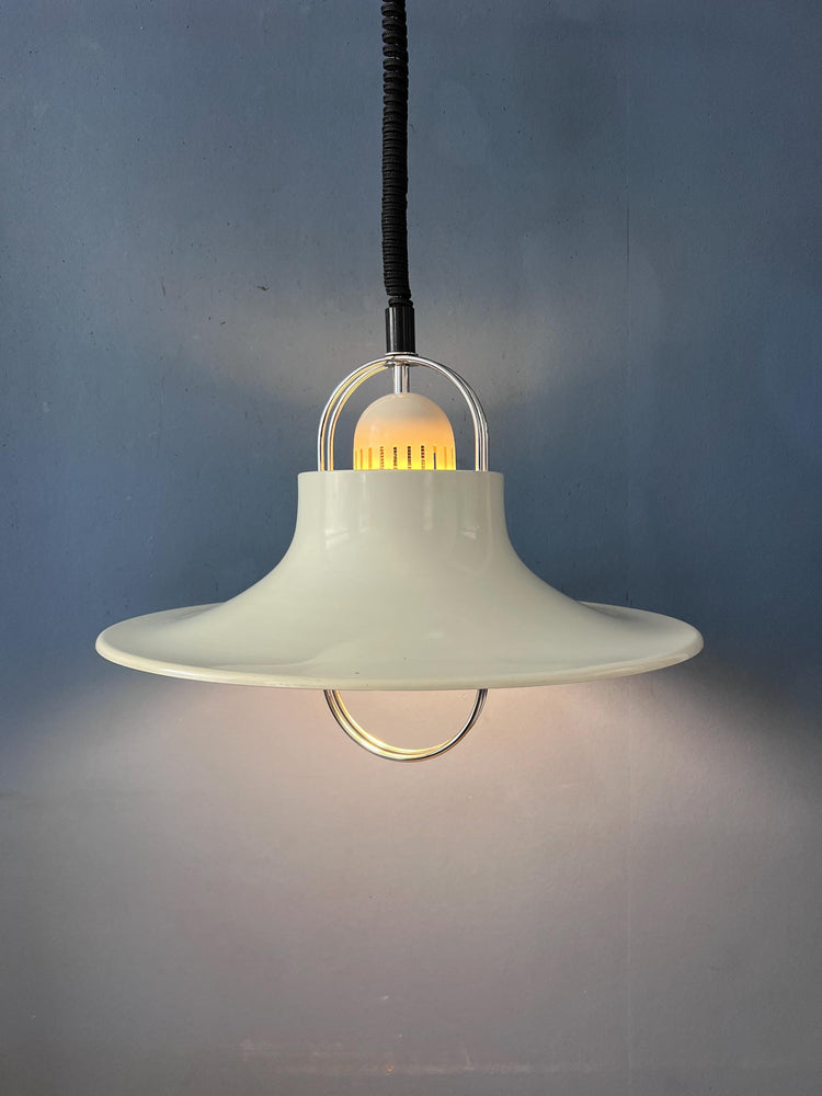 Vintage Dijkstra Pendant Lamp White & Chrome - Mid Century Modern Light Fixture