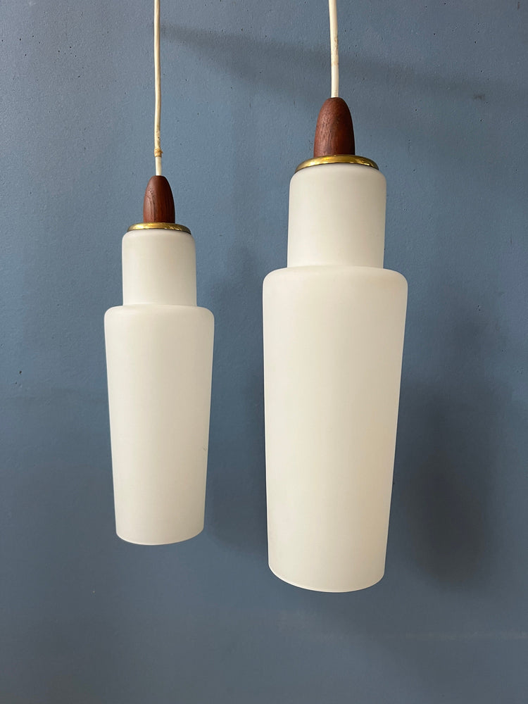 Danish Pendant Lamp with Two Opaline Glass Shades and Teak Wood Elements