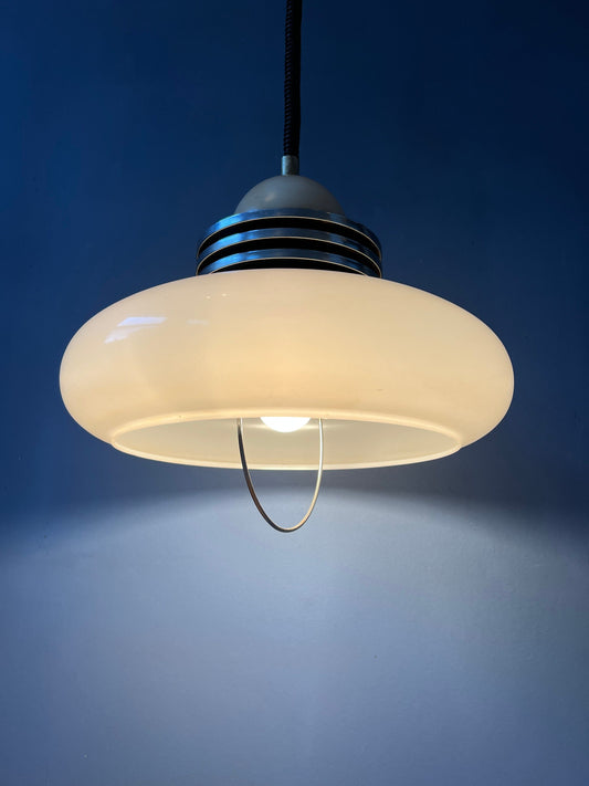 White Space Age Pendant Lamp with Plexiglass Shade and Chrome Top Cap
