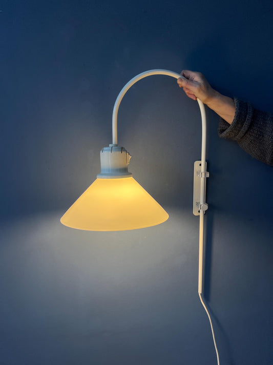 White Mid Century Anvia Arc Wall Lamp with Opaline Glass Shade