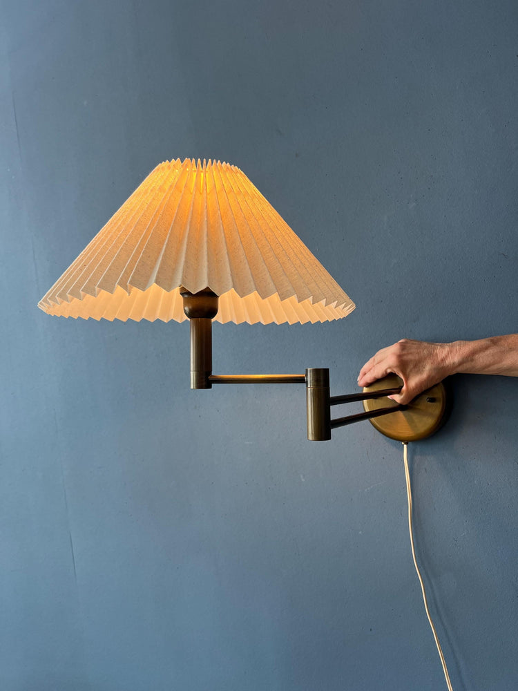 Brass Swivel Arm Mid Century Wall Lamp with Beige Pleated Shade