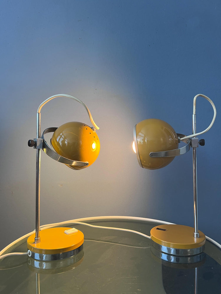 Set of 2 Yellow Space Age Eyeball Table Lamps | Vintage Mid Century Lights