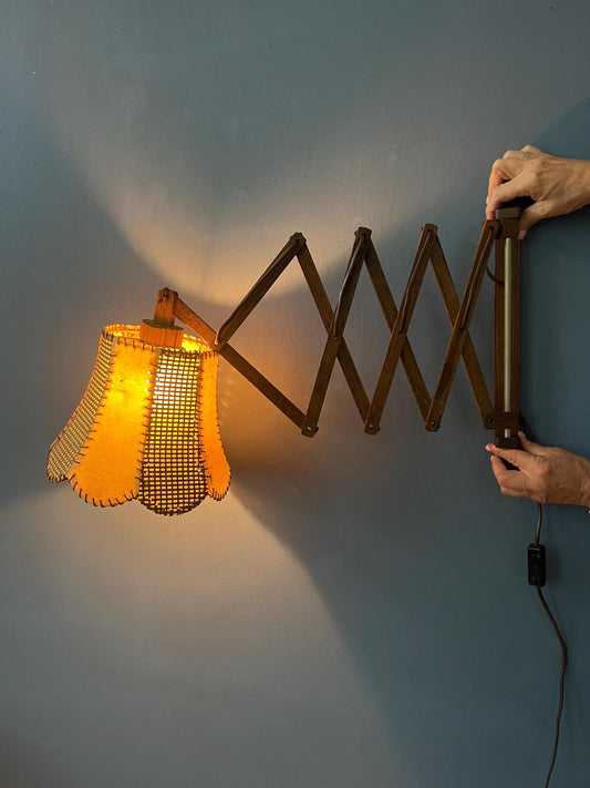 Vintage Teak Wood Scissor Wall Lamp with Traditional Fabric Shade