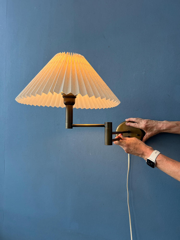 Brass Swivel Arm Mid Century Wall Lamp with Beige Pleated Shade