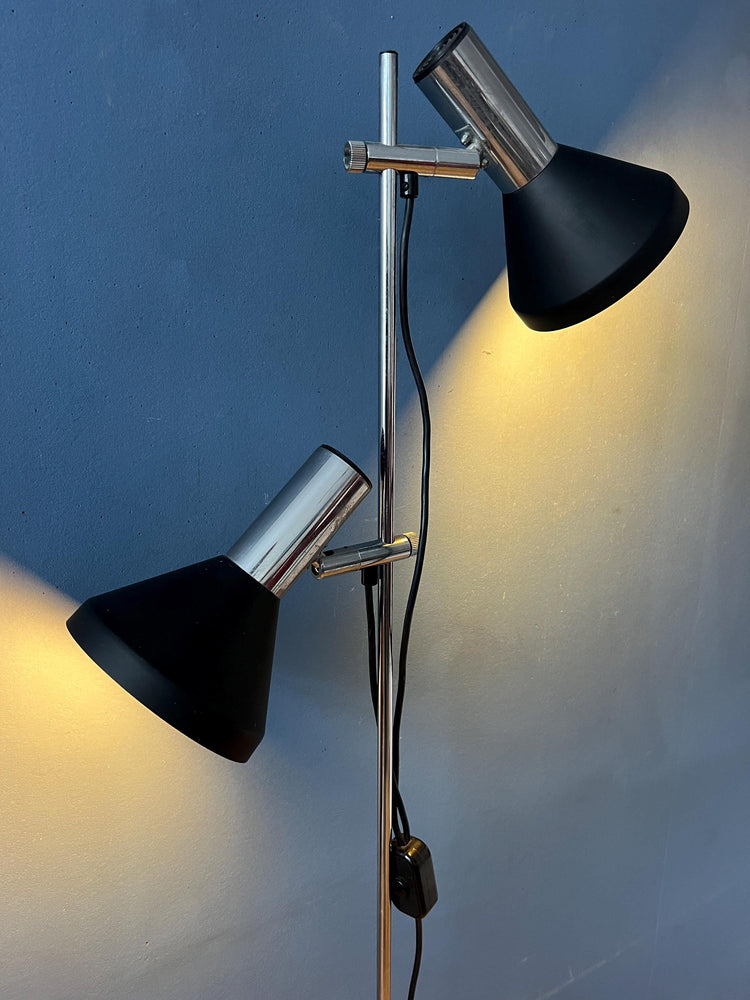 Vintage Black Mid Century Floor Lamp with Two Aluminum Spots