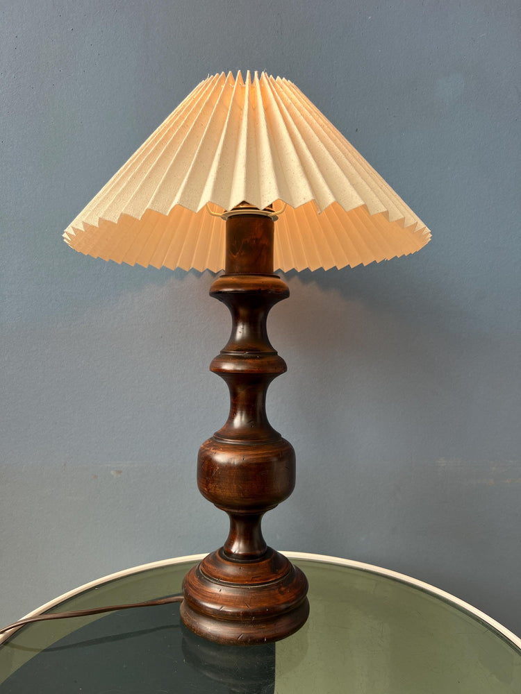 Vintage Wooden Table Lamp with Pleated Shade