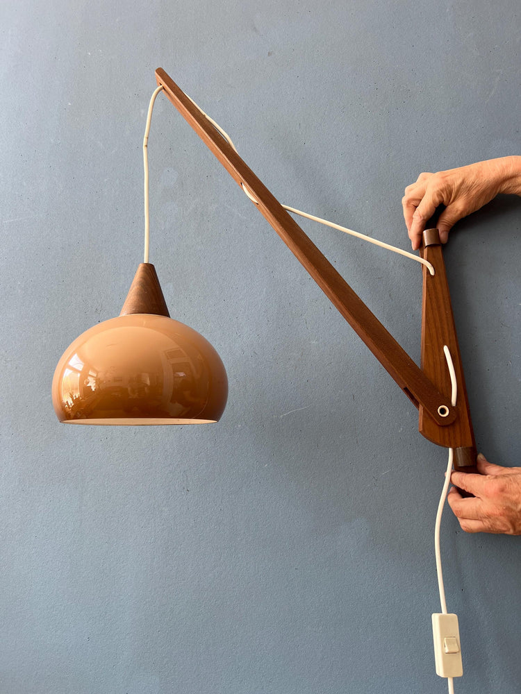 Danish Teak Wood Fishing Rod Wall Lamp with Plexiglass Mushroom Shade