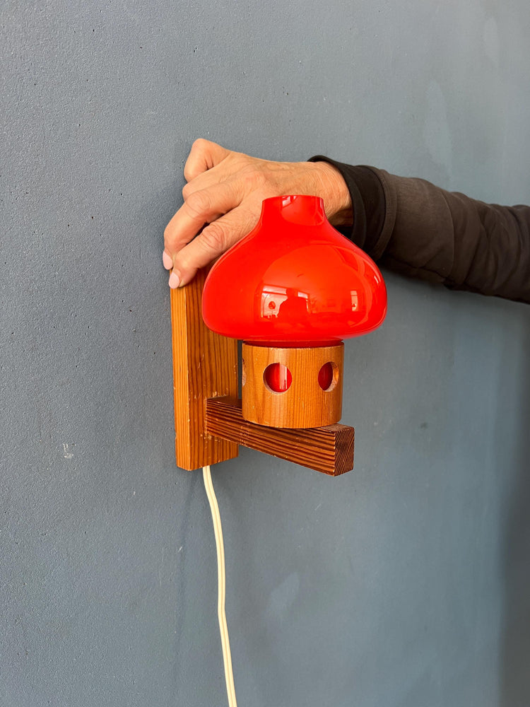 Vintage 50s Aneta Pine Wall Sconce with Orange Glass Shade