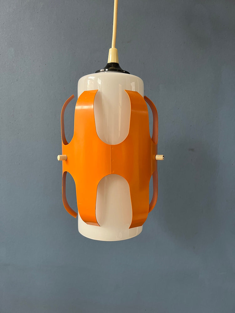 White Opaline Glass Pendant Lamp with Orange Iron Frame
