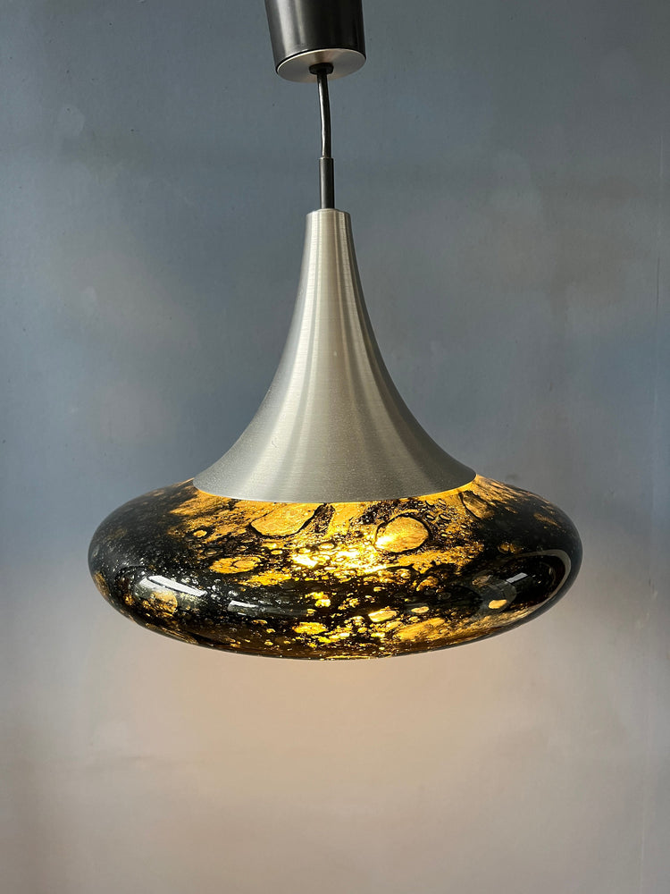 Mid Century Doria Leuchten Black Glass Pendant Lamp - Space Age Hanging Lamp - 70s Glass Light Fixture