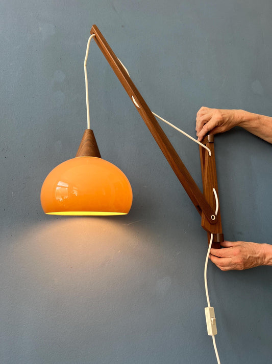 Danish Teak Wood Fishing Rod Wall Lamp with Plexiglass Mushroom Shade