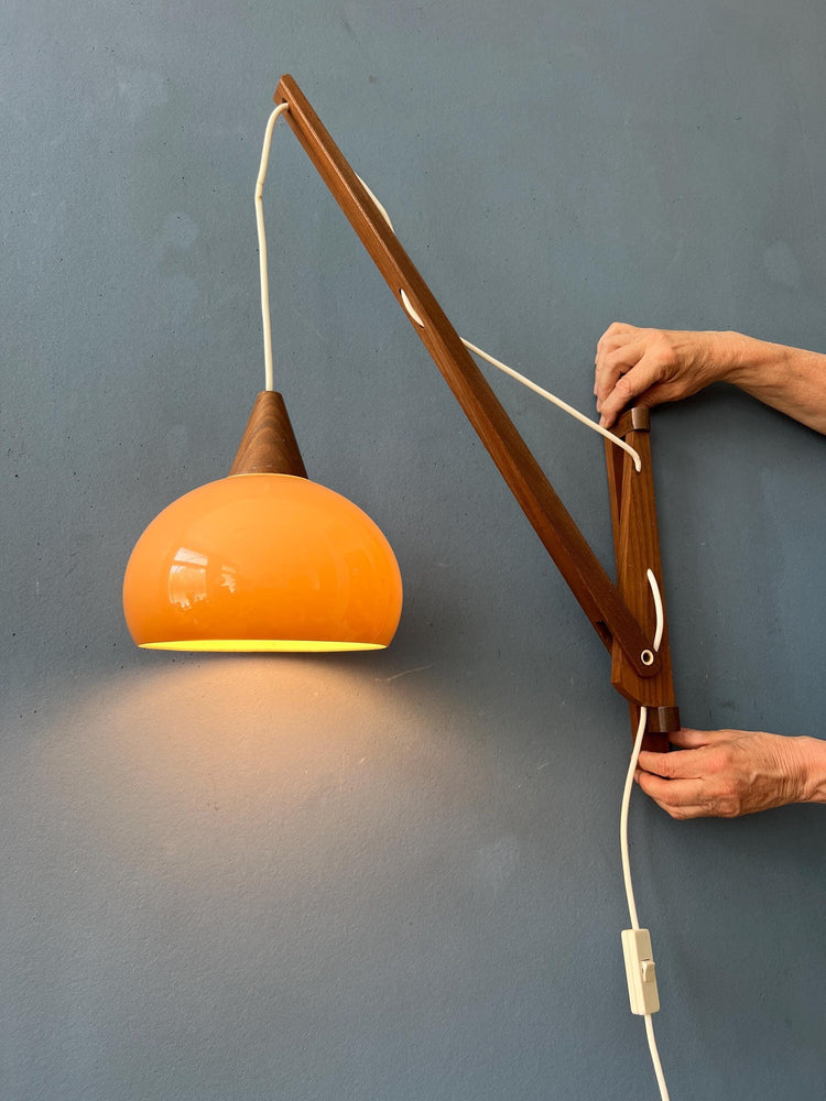 Danish Teak Wood Fishing Rod Wall Lamp with Plexiglass Mushroom Shade