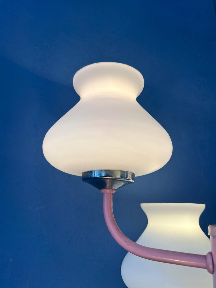 Mid Century White Opaline Glass Chandelier with Pink Frame