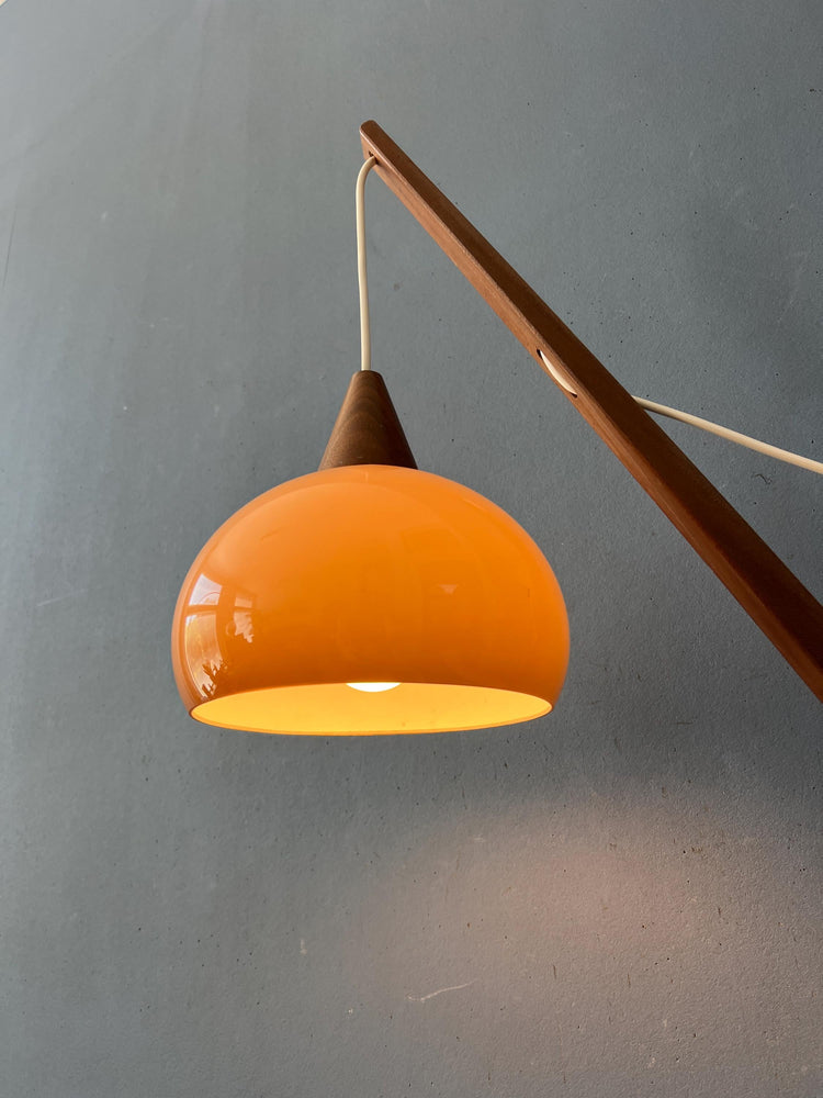 Danish Teak Wood Fishing Rod Wall Lamp with Plexiglass Mushroom Shade