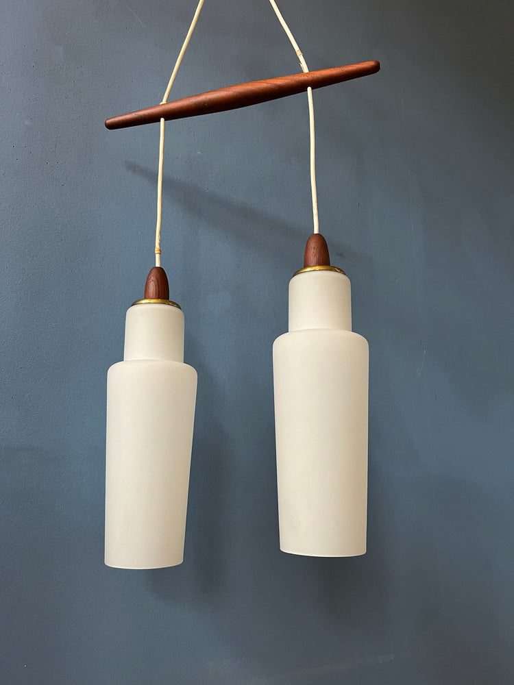 Danish Pendant Lamp with Two Opaline Glass Shades and Teak Wood Elements