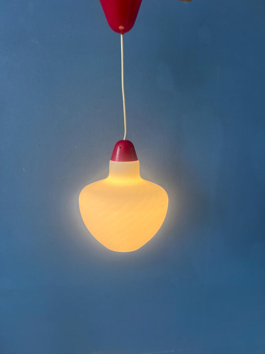 Mid Century Milk Glass Pendant Lamp with Red Top and Ceiling Cap