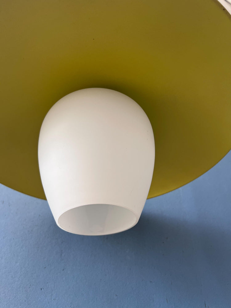 Mid Century Opaline Glass Pendant Lamp with Yellow Metal Shade