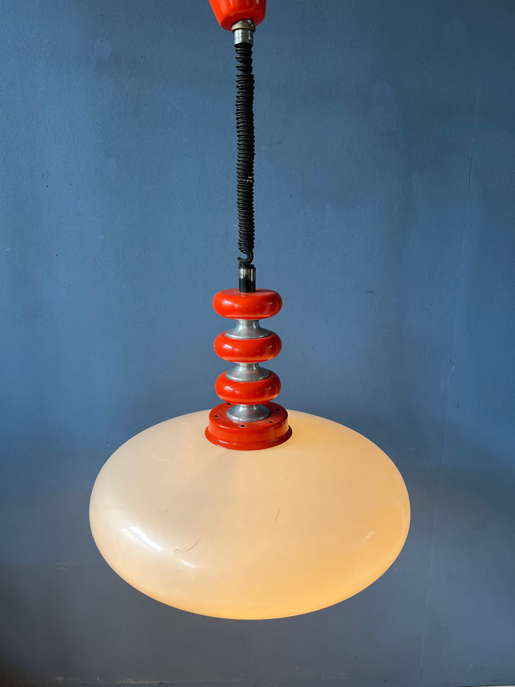 Red Space Age Pendant Lamp - White Acrylic Glass Shade - Mid Century Hanging Lamp