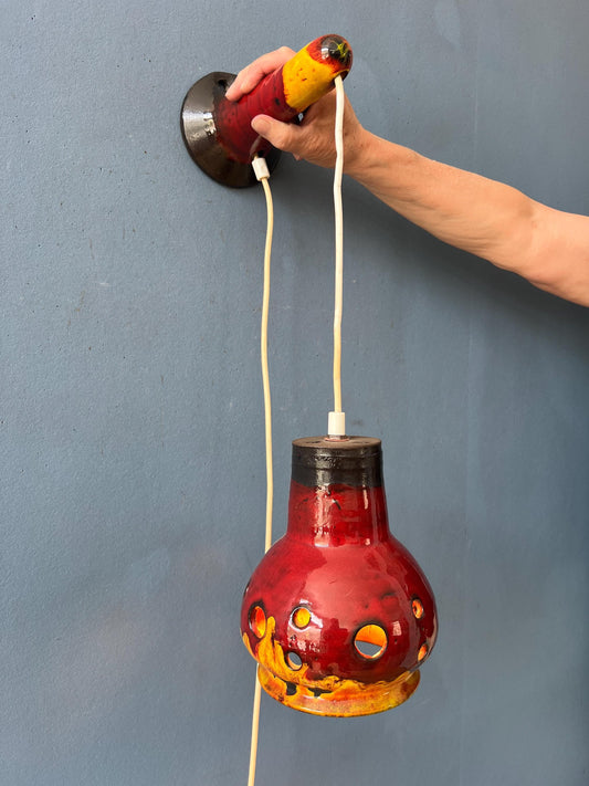 Red West Germany Ceramic Fat Lava Fishing Rod Wall Lamp