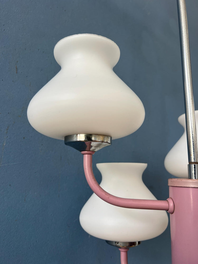 Mid Century White Opaline Glass Chandelier with Pink Frame