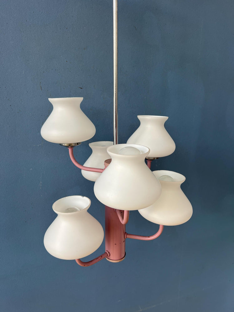 Mid Century White Opaline Glass Chandelier with Pink Frame