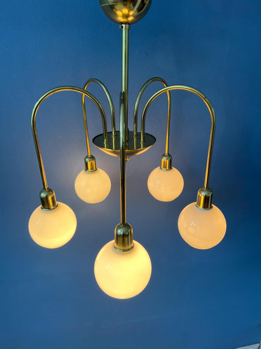 Mid Century Gold Brass Opaline Glass Chandelier