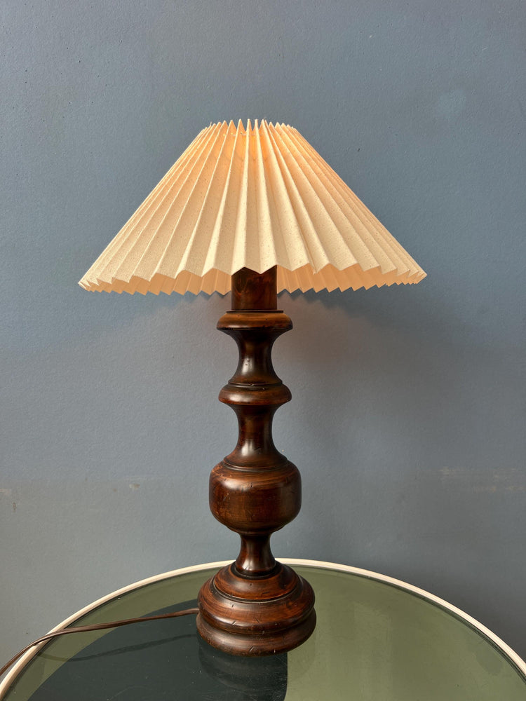 Vintage Wooden Table Lamp with Pleated Shade