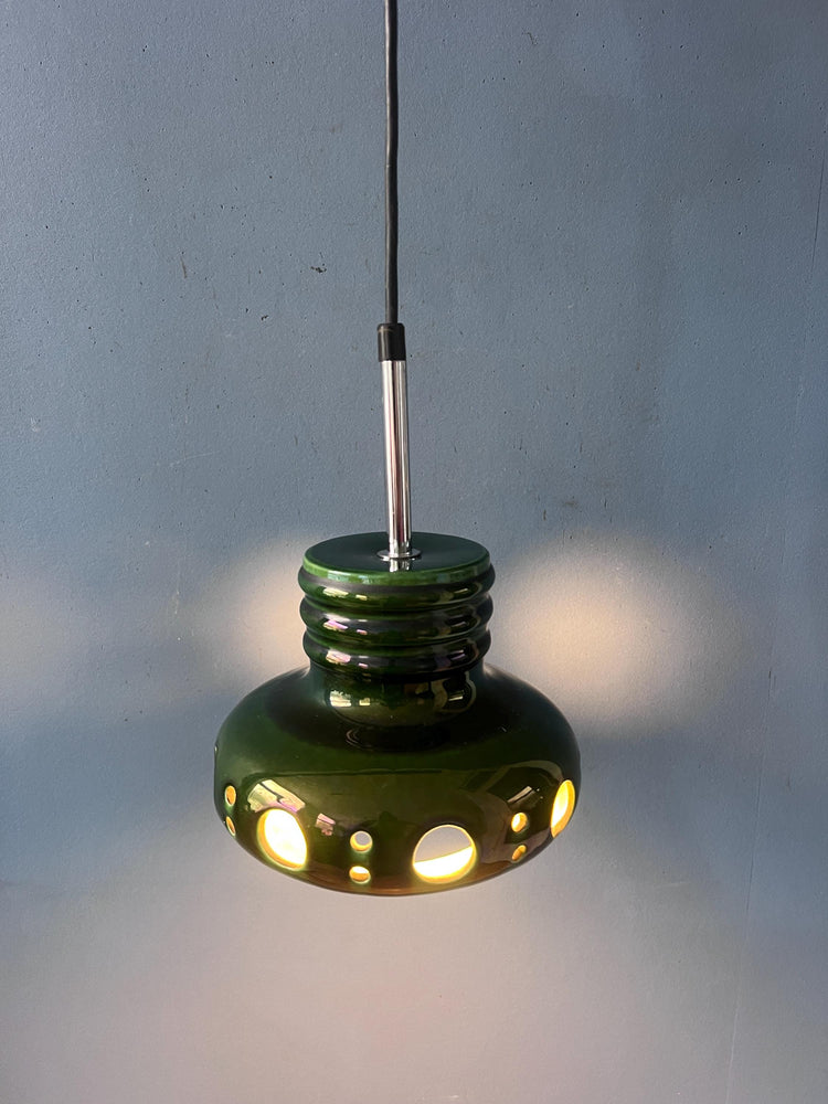 Mid Century Green Ceramic Pendant Light - West Germany Hanging Lamp