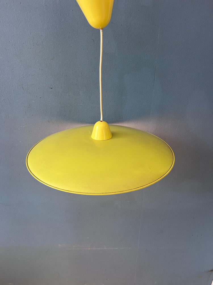 Mid Century Opaline Glass Pendant Lamp with Yellow Metal Shade