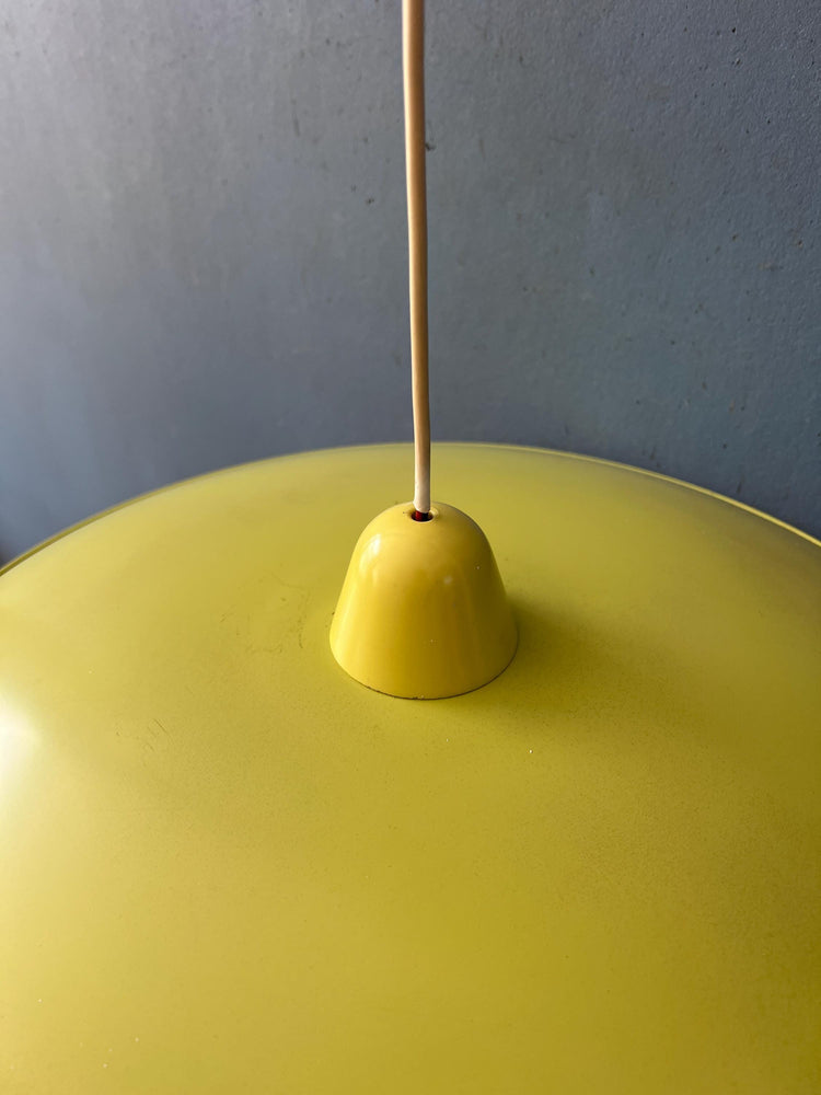 Mid Century Opaline Glass Pendant Lamp with Yellow Metal Shade