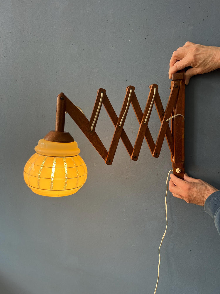 Vintage Teak Wood Scissor Wall Lamp with Glass Shade