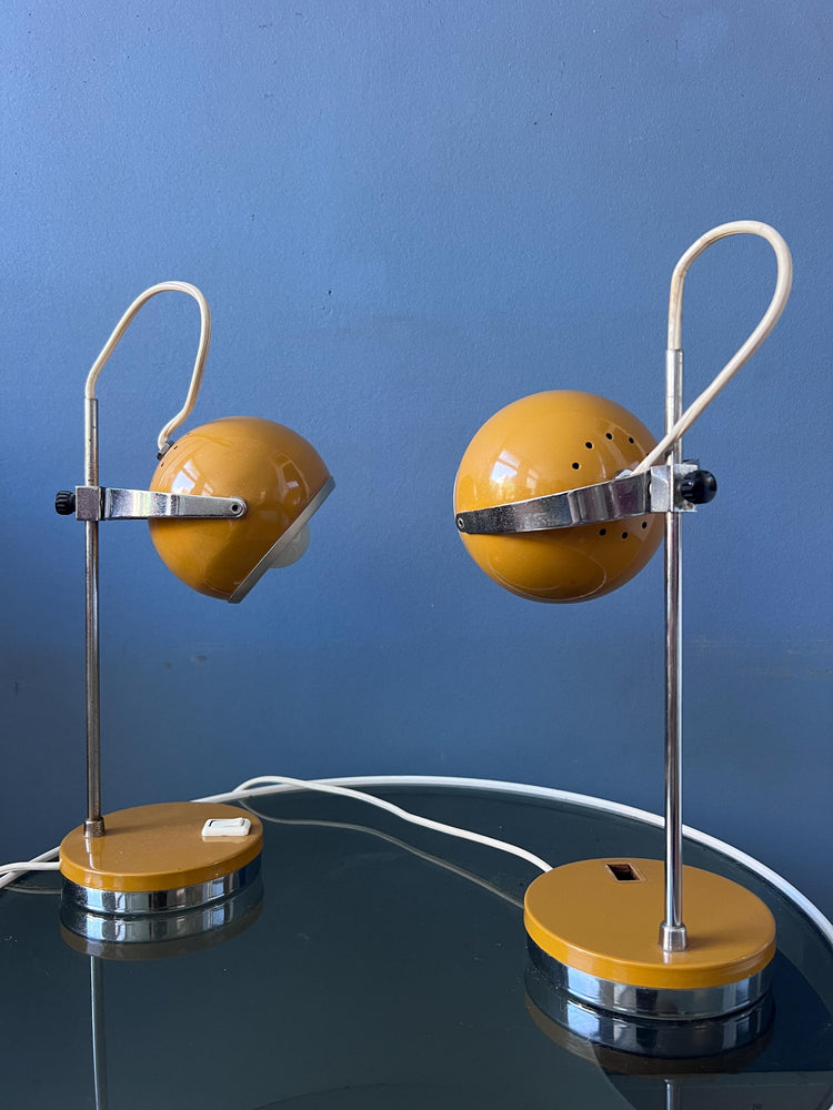Set of 2 Yellow Space Age Eyeball Table Lamps | Vintage Mid Century Lights