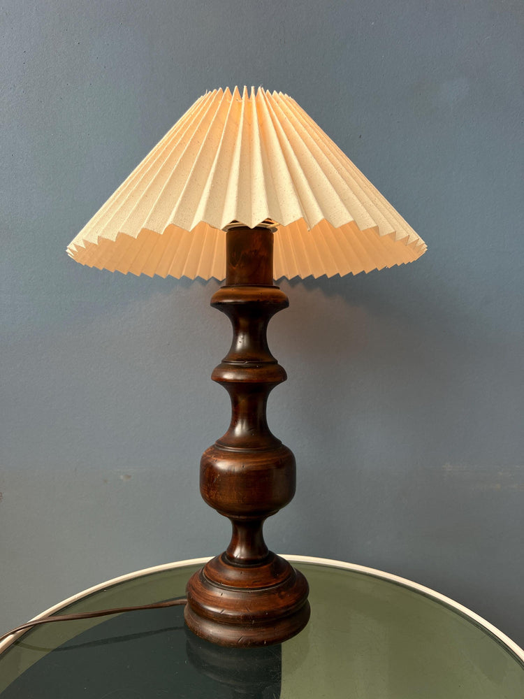 Vintage Wooden Table Lamp with Pleated Shade