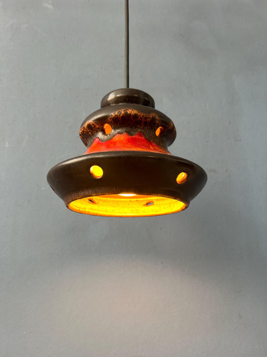 Red and Brown West Germany Ceramic Fat Lava Pendant Lamp