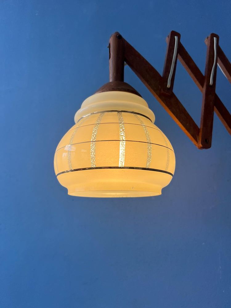 Vintage Teak Wood Scissor Wall Lamp with Glass Shade