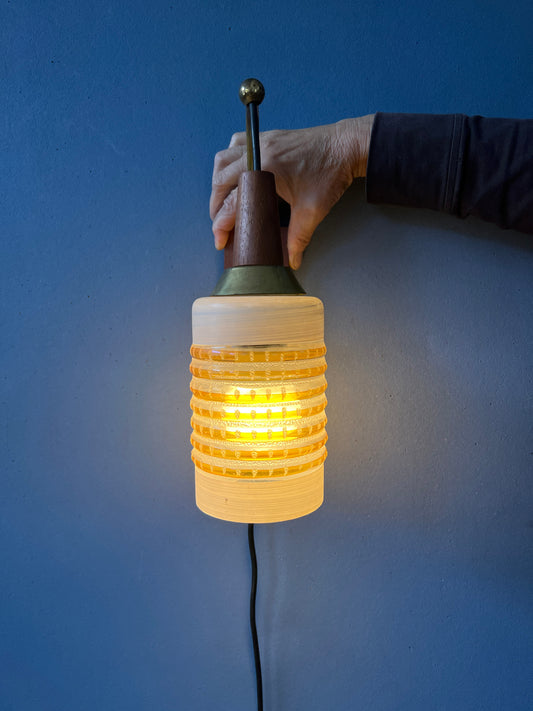 Mid Century Wall Lamp with Wooden Wall Plate and Glass Shade