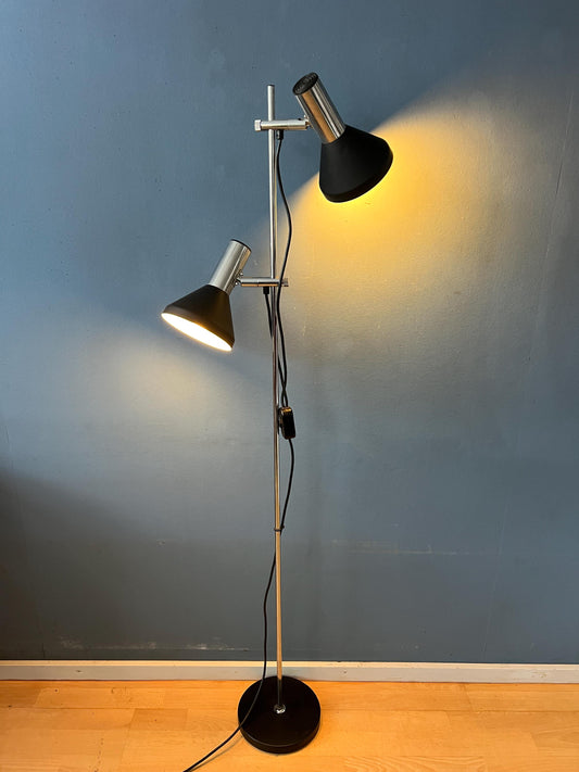 Vintage Black Mid Century Floor Lamp with Two Aluminum Spots