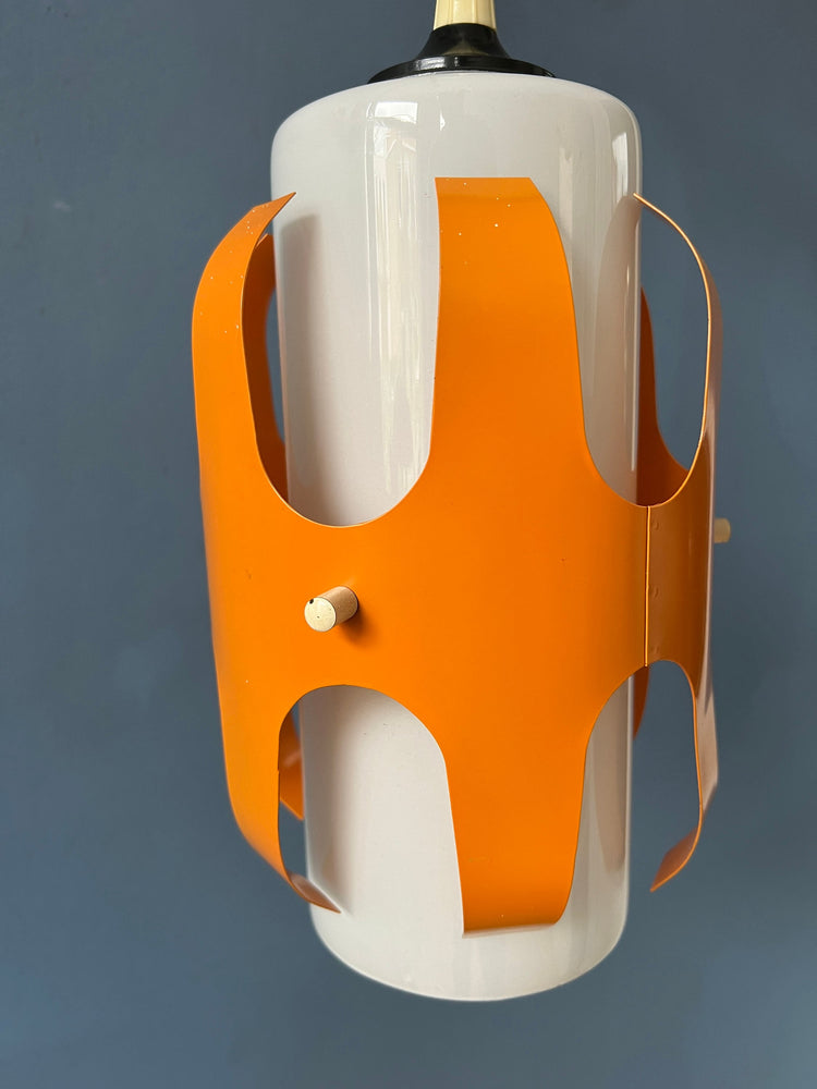 White Opaline Glass Pendant Lamp with Orange Iron Frame