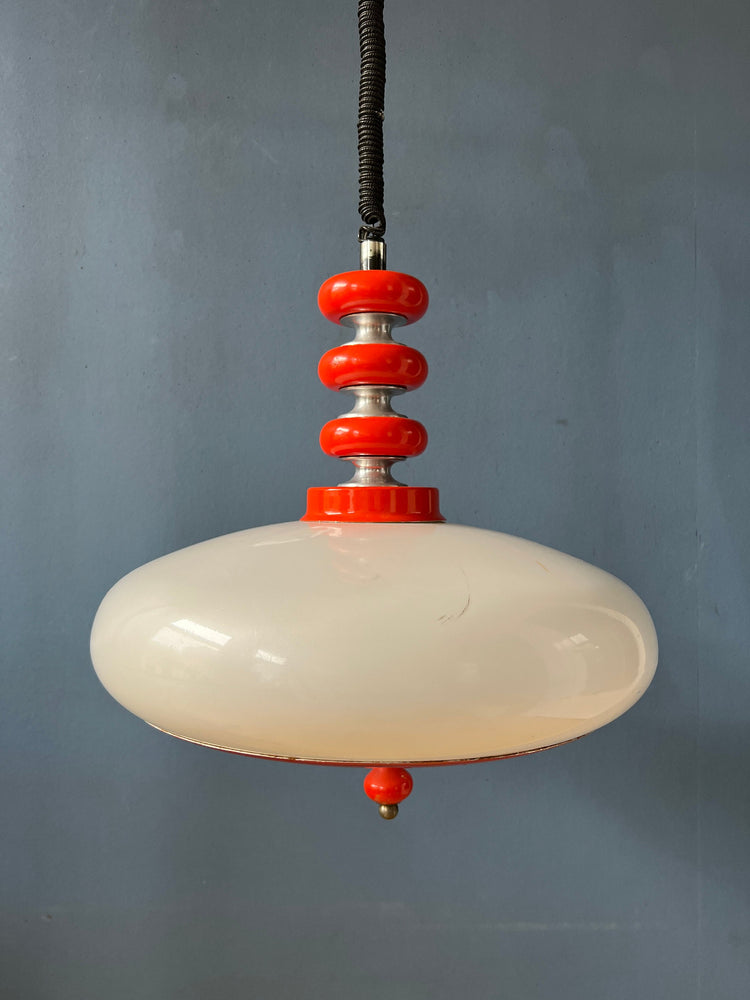 Red Space Age Pendant Lamp - White Acrylic Glass Shade - Mid Century Hanging Lamp