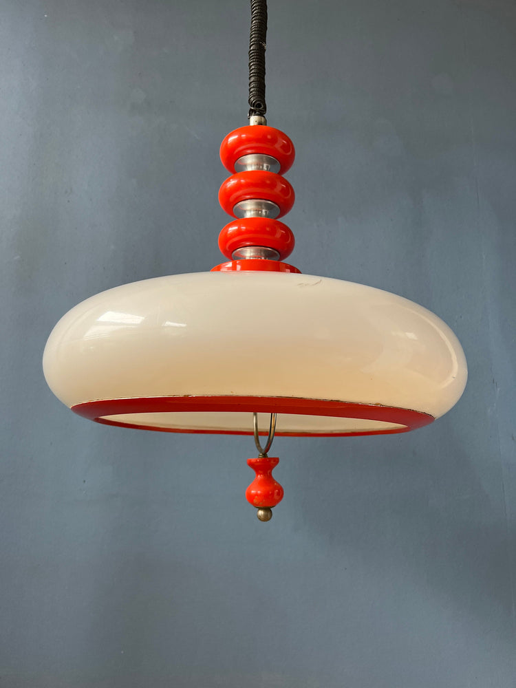Red Space Age Pendant Lamp - White Acrylic Glass Shade - Mid Century Hanging Lamp