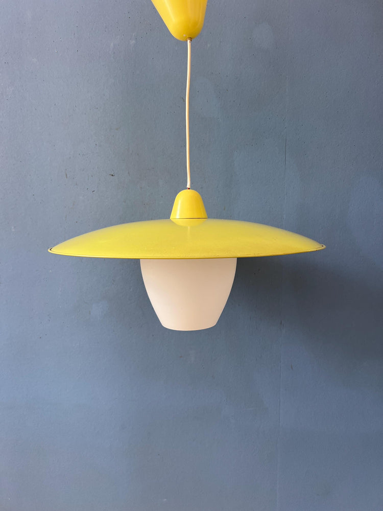 Mid Century Opaline Glass Pendant Lamp with Yellow Metal Shade